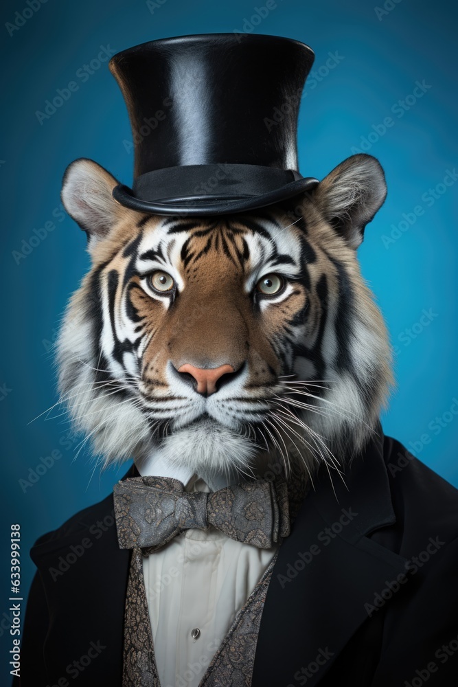 Portrait of tiger in classic formal suit with top hat and bow tie. AI generative art