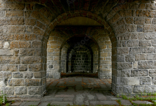 Stone archway in medieval castle. Ancient wall with arc of Akershus Castle in Oslo.