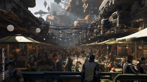 A bustling futuristic market scene with people wearing high-tech clothing 
