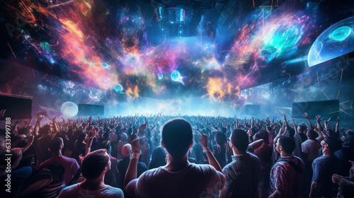 A large crowd at a futuristic concert, immersed in a unique audio-visual experience 