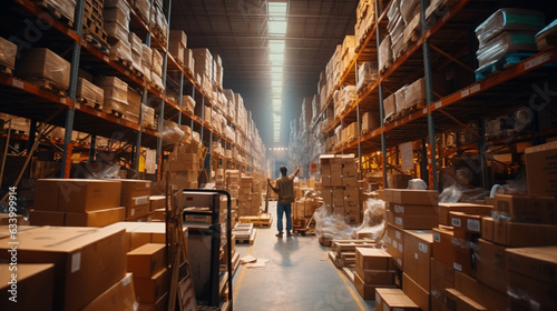 A time-lapse of the warehouse bustling with activity as the worker efficiently organizes shelves  photo