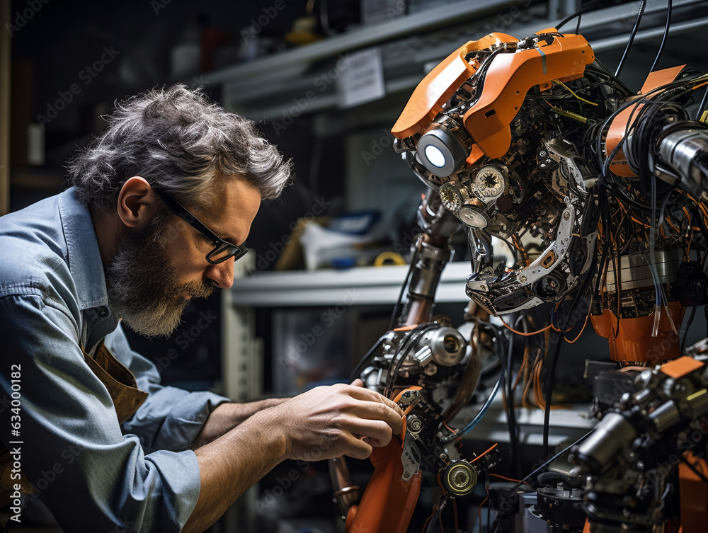an engineer assembles a robot an engineer assembles a robot