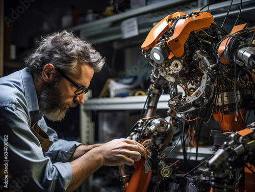 an engineer assembles a robot