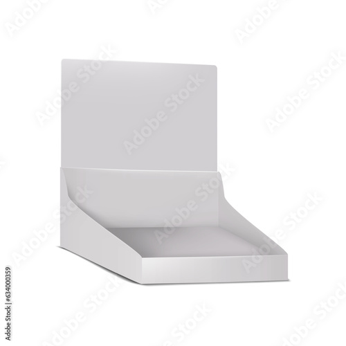 Cardboard counter display vector mock-up. Retail table countertop stand with blank header realistic mockup. Template for design
