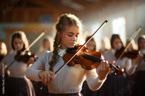 The graceful beauty of a violin class, where students passionately practice their skills.Generative ai