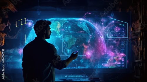 Back view silhouette of modern businessman interacting with futuristic touch screen panel. Digital hologram ui. Sci-fi background.