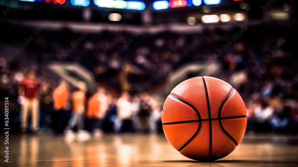 Basketball court wide view. All court in a little defocus background. Basketball court floor with ball. Basketball court wide view. All court in a little defocus background. Basketball court floor with ball.