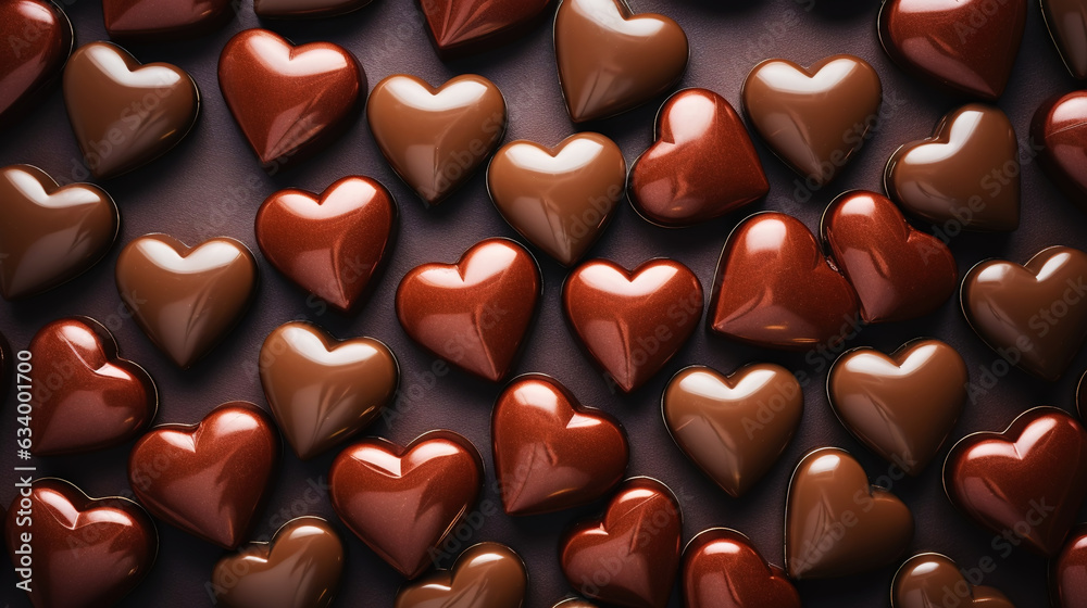 Fototapeta premium Tasty heart-shaped chocolate candies as background, top view. Valentine's day. Generative AI