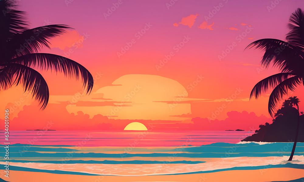 Dark palm trees silhouettes on colorful tropical ocean sunset background illustration. Sunset, sea beach and sun, ocean sunrise, palms