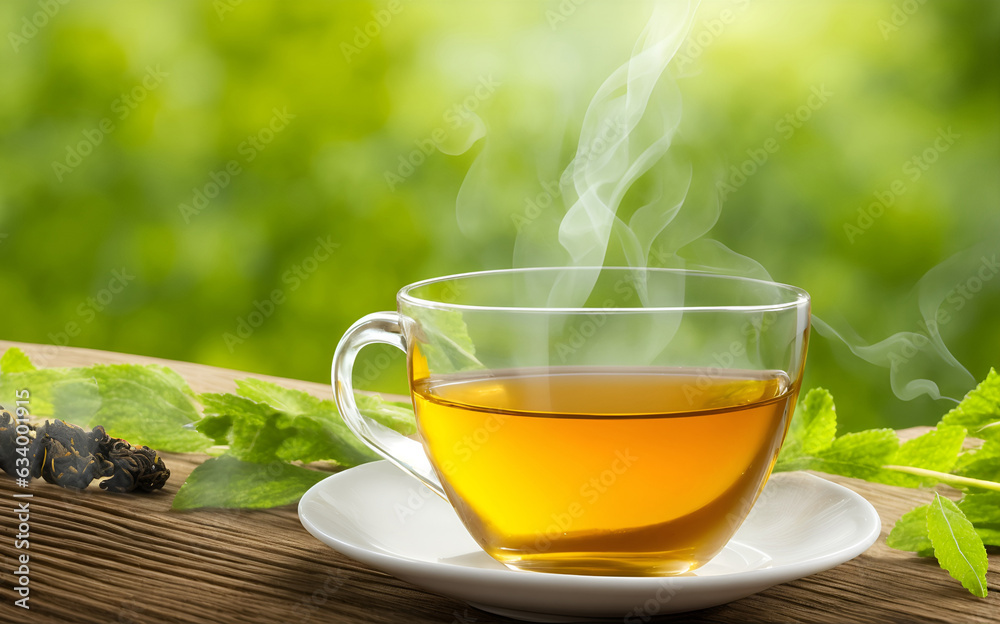 Tea cup on a wooden table with green leave background. Transparent cup of green tea on wooden table. Hot black tea. Wooden desktop with transparent hot green tea cup on blurry background. Tea cup on a wooden table with green leave background. Transparent cup of green tea on wooden table. Hot black tea. Wooden desktop with transparent hot green tea cup on blurry background.