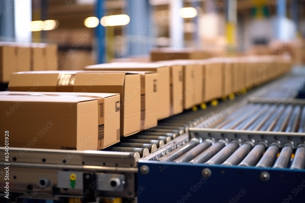 Conveyors with cardboard boxes. Blank conveyors on a blurred factory background Conveyors with cardboard boxes. Blank conveyors on a blurred factory background