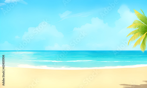 Beach lanscape with palms, beach and sea. Cartoon style background of sea shore. Good sunny day. Tropical landscape of coast beautiful sea shore beach on good sunny day flat illustration.