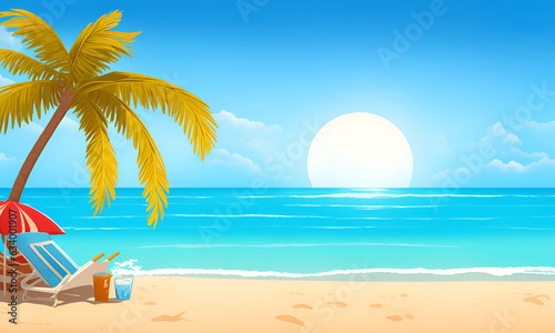 beach lanscape with sun and palms  sunny background with beach and sea. Cartoon style background of sea shore. Good sunny day. Deck chair and beach umbrella on the sand coast.