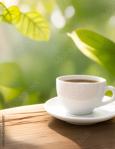 Coffee cup on a wooden table with green leave background. Hot black coffee cup. Wooden desktop with coffee cup on blurry background. coffee product placement for advertising refers to natural. 