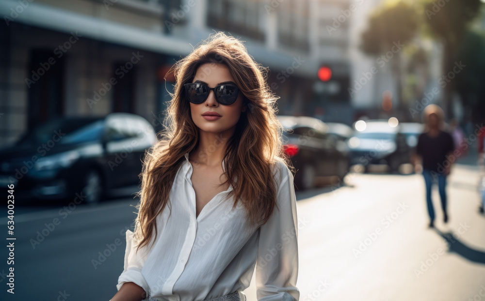 Confident young woman wearing sunglasses crossing the street with a cityscape background. Generative AI. Confident young woman wearing sunglasses crossing the street with a cityscape background. Generative AI.
