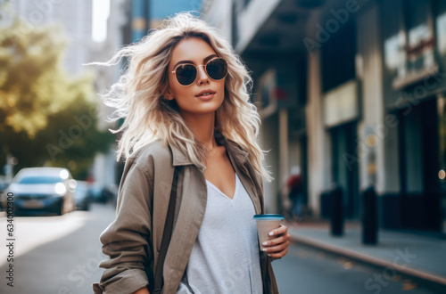 Confident young woman wearing sunglasses crossing the street with a cityscape background. Generative AI.