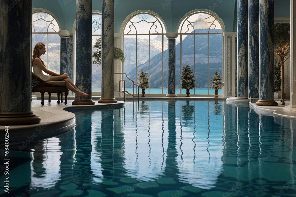 A panoramic view of the spa's indoor pool, with the woman basking in its calming waters 