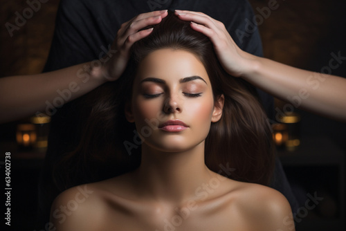 A blissful view of the woman's serene expression as she receives a calming scalp massage 