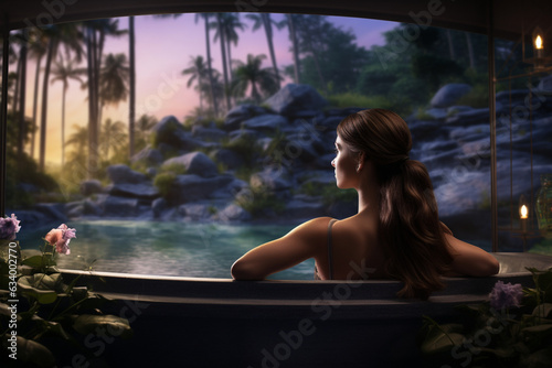 A tranquil view of the woman's relaxing spa experience, with soft instrumental music in the background 