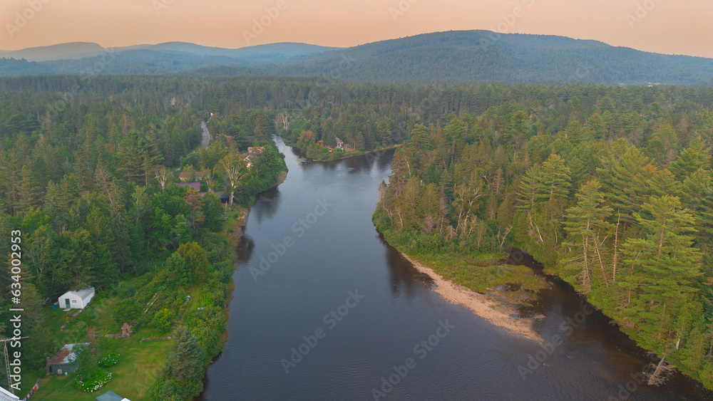Aerial view of a beautiful Canadian forest river in the province of Quebec