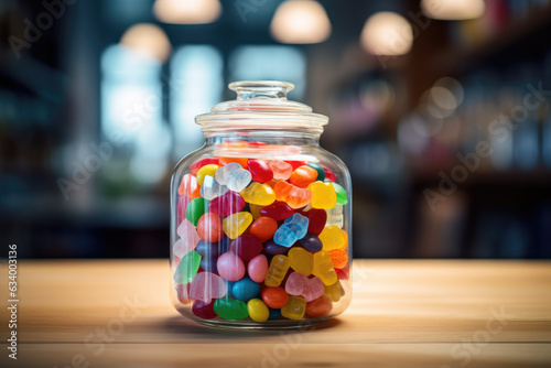 Close-up picture of a jar filled with colorful candy