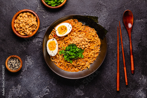 Korean style instant noodle, Shin Ramyeon with peanut and egg.