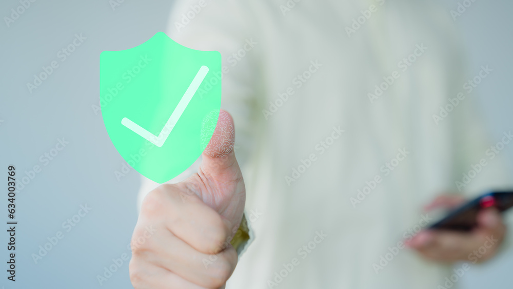 User is pressing identity proofing icon for security protection systems on virtual screen. Certified guarantee approval or secure access system. Quality assurance of business services concept. User is pressing identity proofing icon for security protection systems on virtual screen. Certified guarantee approval or secure access system. Quality assurance of business services concept.