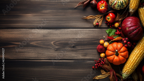 Thanksgiving background: Halloween, pumpkins and fallen leaves on wooden background. Copy space for text. 