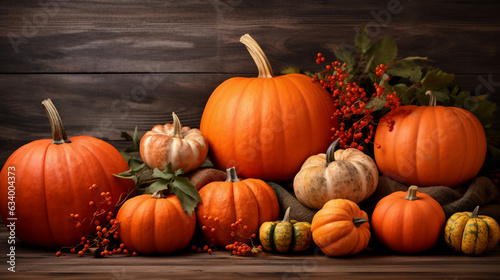 Thanksgiving background: Halloween, pumpkins on wooden background.