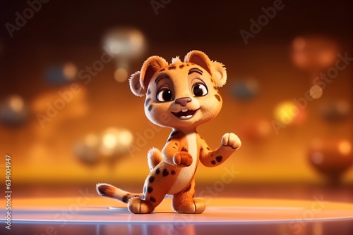 Cheetah athlete performs track and field exercises . Cute cheetah . cheetah running on a track in the stadium. 3d rendering of a cute cartoon cheetah standing and smiling. 3d rendering