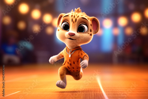 Cheetah athlete performs track and field exercises . Cute cheetah . cheetah running on a track in the stadium. 3d rendering of a cute cartoon cheetah standing and smiling. 3d rendering