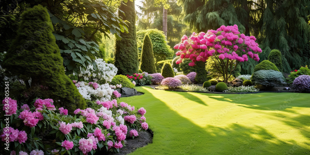 Obraz premium Bright and colorful afternoon in the backyard garden. Green grass, trees, and flowers