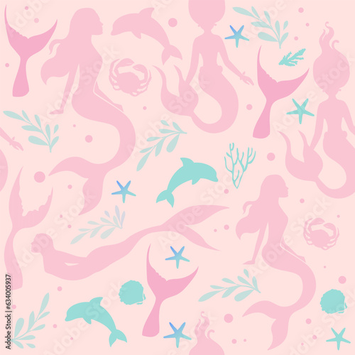 Beautiful vector illustration silhouette mermaid and marine inhabitants on a pink background seamless pattern