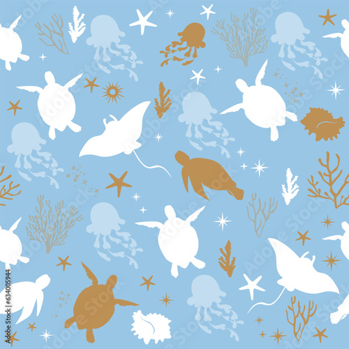 Beautiful vector illustration silhouette turtles on a blue background seamless pattern