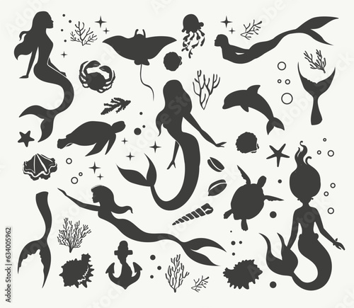 Collection of vector illustration mermaids and marine inhabitants on a white background isolated