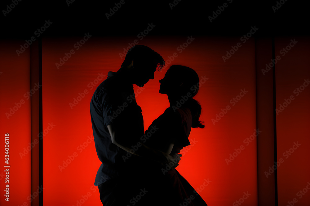 silhouette of a couple kissing. red romantic love background 