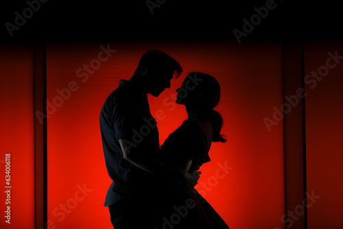 silhouette of a couple kissing. red romantic love background 