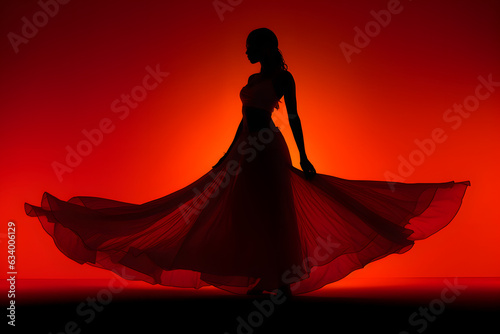 Silhouette of a beautiful Woman in Red Dress. Elegant Glamour Dance Background