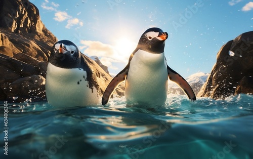 Penguin Pair Gliding Ocean Waters. Generative AI