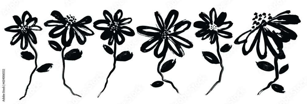 hand drawn black flower paint vector set. Ink drawing flowers and leaf ...