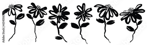 hand drawn black flower paint vector set. Ink drawing flowers and leaf.