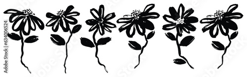 hand drawn black flower paint vector set. Ink drawing flowers and leaf.