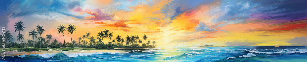 watercolor of a tropical island landscape at sunset