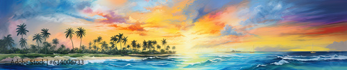 watercolor of a tropical island landscape at sunset © Brian