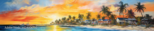 watercolor of a tropical island landscape at sunset