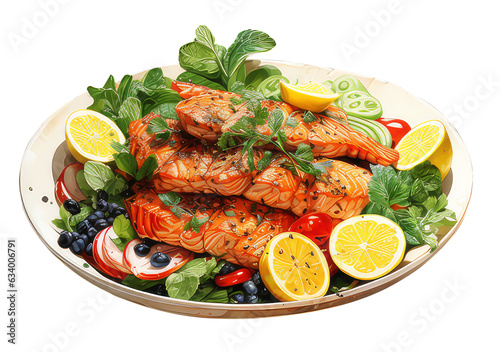 Summer Meal Fresh Seafood Delight - Delicious Shrimp and Prawn Feast, with herbs, lemons, corianders, and olives. Watercolor Illustration, Transparent Background | Generative AI