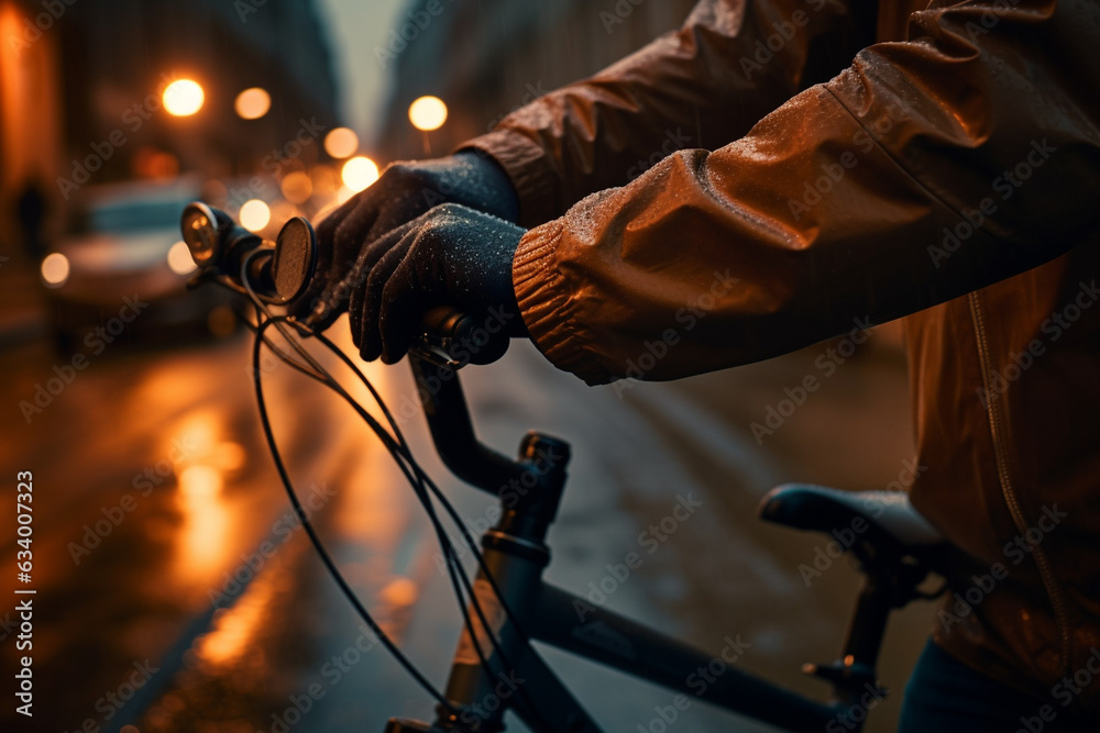 A close-up of the courier's hands firmly gripping the handlebars, guiding the bicycle through the streets A close-up of the courier's hands firmly gripping the handlebars, guiding the bicycle through the streets