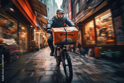 A dynamic shot of the courier cruising through a vibrant market street, parcels visible on the bicycle 