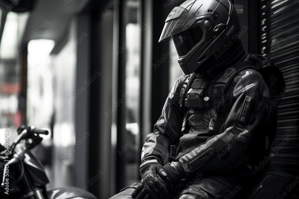 The courier taking a moment to adjust their helmet, emphasizing safety on the route The courier taking a moment to adjust their helmet, emphasizing safety on the route