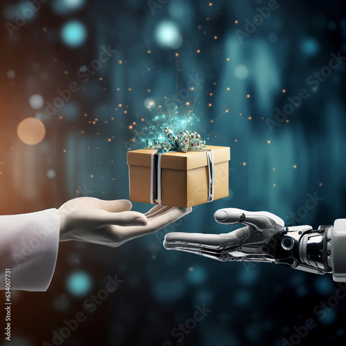 The robot holding gift boxes, Gifts of science and technology, artificial intelligence, innovation for the future. Futuristic happiness moment, Machine learning. Generative AI.